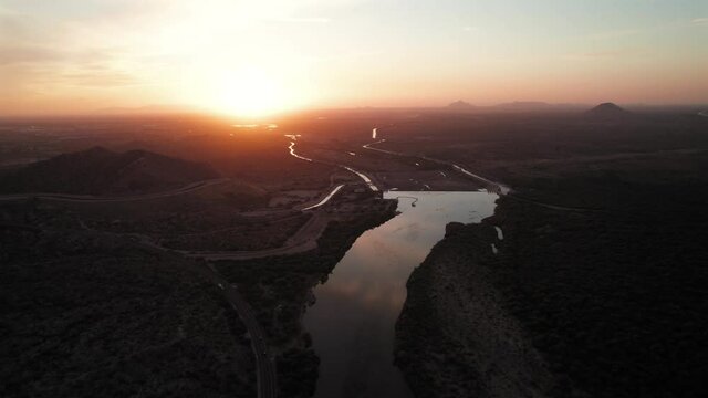Granite Reef Dam Sunset Aerial Over Salt River Irrigation for Metropolitan Phoenix