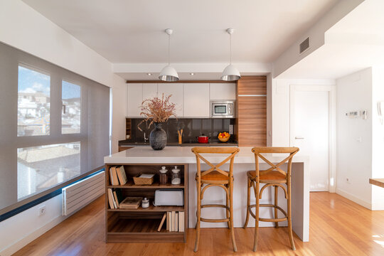 Interior of kitchen with dining area