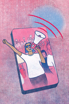 A protester on mobile phone screen
