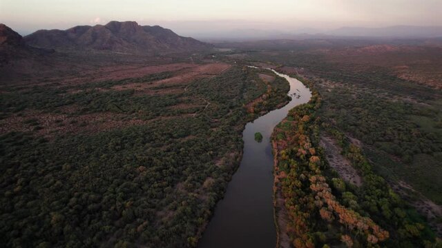 Salt River Drone View with Golden Arizona Sunset Lighting