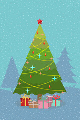 Fototapeta na wymiar Christmas tree and presents with snow fall. Holiday background.