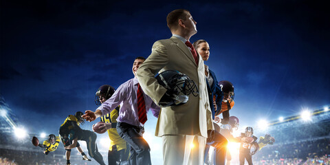 Businessman acting as american football players . Mixed media