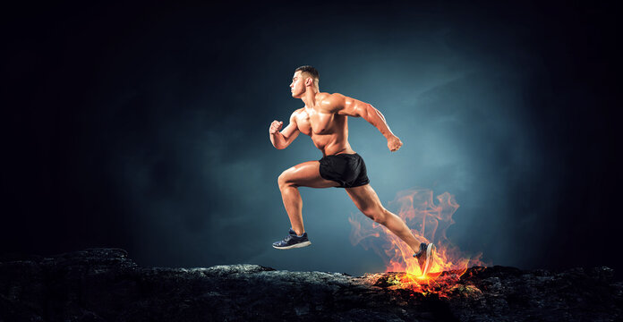 Male runner against dark background . Mixed media