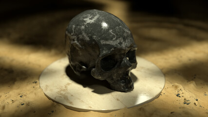 The black marble skull on a white platform in sand. 3d llustration