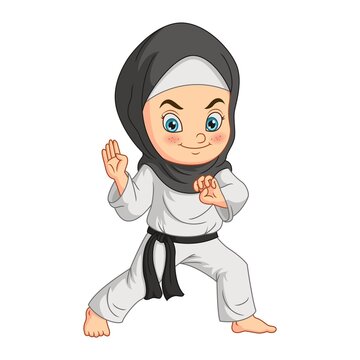 Cartoon muslim girl doing practicing karate