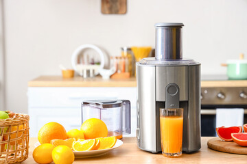 Modern juicer with fresh citrus fruits and glass of juice on table in kitchen