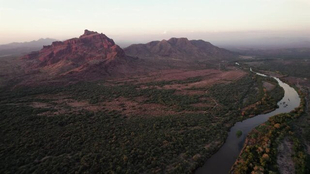 Scenic Aerial View of Phoenix Arizona Desert with Red Mountain and Salt River