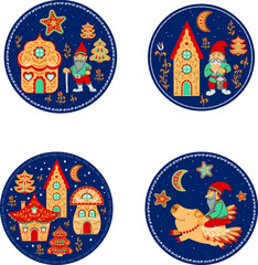 A set of four round designs. Cute gnomes, houses, moon, stars, blue background.