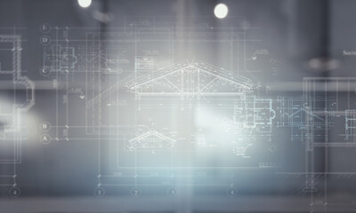 Construction industry concept with drafts and plans . Mixed media