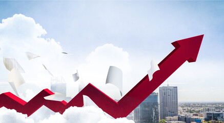 Red arrow showing up . Mixed media