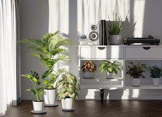 Green plants living room interior