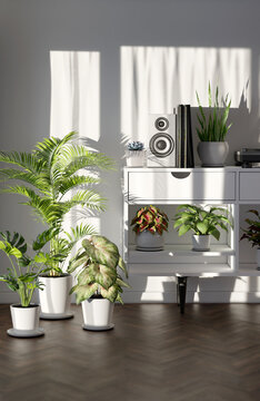 Green plants living room interior