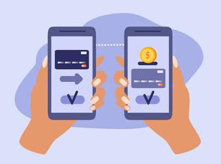 vector illustration on the theme of online payments, transfers through a smartphone. two hands holding a smartphons, on the screen of which an approved transaction. trend illustration in flat style