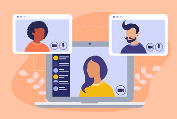 vector illustration on the theme of webinar, online conferences, distance learning. laptop screen windows with various people. trend illustration in flat style