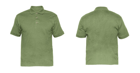 Blank  Polo shirt Three-button placket color military green on invisible mannequin template front and back view on white background
