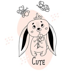 Cute bunny with haircut with flower in its paws and flying butterflies. Vector illustration. Postcard in style of hand drawn linear doodles. Funny animal for design and decoration, greeting cards 
