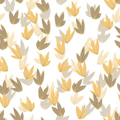 Floral seamless with hand drawn color exotic leaves. Cute autumn background. Tropic orange branches. Modern floral compositions. Fashion vector illustration for wallpaper, fabric, textile