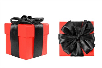 Red gift box with black bow on a white background