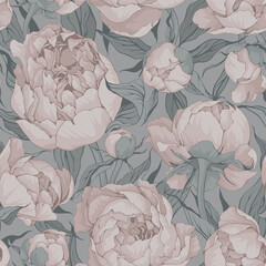 Blooming peonies seamless pattern in pastel beige and turquoise colors.