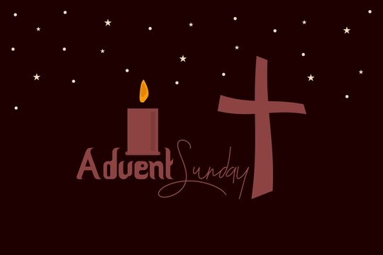 Advent Sunday conceptual vector illustration.  Holy spiritual day celebration. Night conceptual spiritual design. Candle with the cross symbol. Stars on dark background.  
