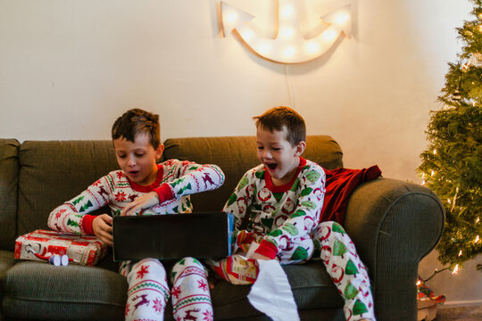 Surprised boys on Christmas morning 