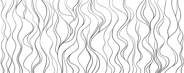 Wavy background. Hand drawn lines. Hair texture. Monochrome wave pattern. Doodle for design. Line art. Illustration for work. Design for spiritual relaxation for adults. Black and white wallpaper