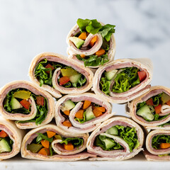 Close up of a pyramid of freshly made sandwich wraps ready for eating.