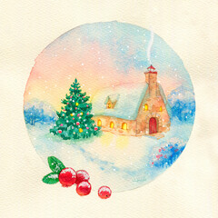 Watercolor postcard New Year's illustration with a house and a Christmas tree. Painted Christmas card round shape. Winter landscape background. - 473674612