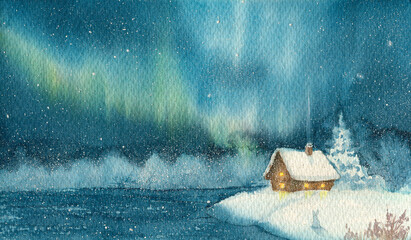 Watercolor postcard winter illustration with a cozy house. The painted Christmas, New Year's card is rectangular in shape. Winter landscape background, northern lights. - 473674638