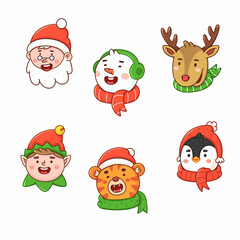 Portraits of Christmas characters in cartoon style. Heads of fairy-tale characters and animals. Symbols of the new year. Holiday clipart isolated on white background - 473674696