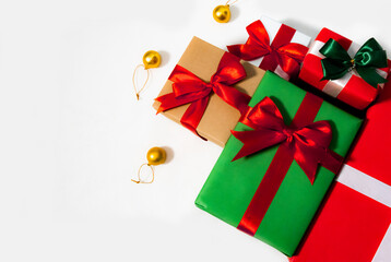 Gift boxes on white background with space for text. Christmas and Holiday greeting card.