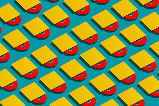 yellow cd readers with red cd mosaic