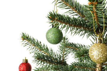 Naklejka na ściany i meble Christmas tree with beautiful balls isolated on white background, closeup