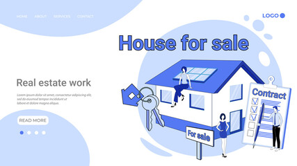 Realtor work.People are engaged in the valuation and sale of real estate.Illustration in the style of landing page in blue.