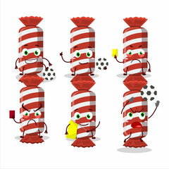 Red long candy package cartoon character working as a Football referee