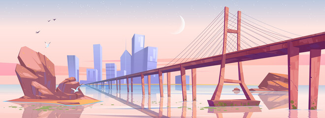 Modern city skyline at early morning, metropolis with low-water bridge over the ocean under pink sky with crescent. Town cityscape with skyscraper buildings architecture, Cartoon vector illustration
