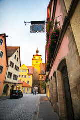 Germany, Rothenburg, fairy tale town, street, old clock tower