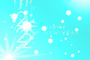 Happy New Year 2022. Greeting card with numbers and ribbons on a blue background. Flat vector illustration EPS10.