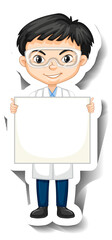 Obraz premium Scientist boy holding empty board in sticker style