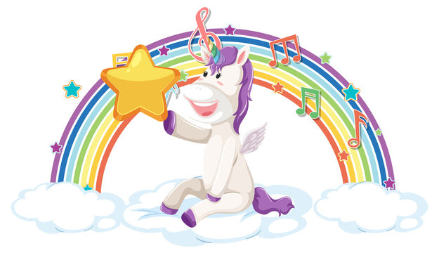 Unicorn sitting on cloud with rainbow and melody symbol