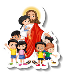 Jesus Christ with children group sticker on white background