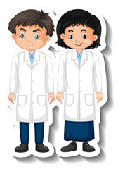 Scientist couple kids cartoon character sticker