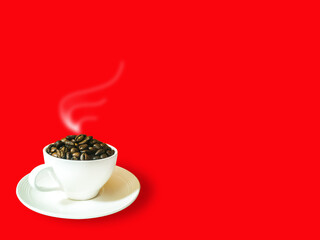Side view, dark brown coffee beans in white coffee cup and saucer, with white smoke. Red background.