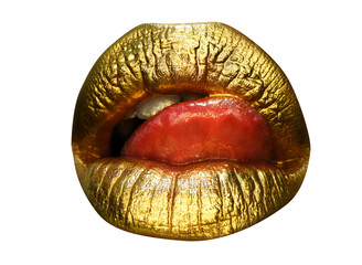 Sexy girl golden lips, gold mouth. Glowing gold skin make-up. Glitter metallic shine golden lipgloss makeup. Female gold glitter lipstick.