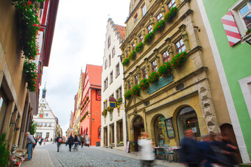 Fototapeta na wymiar Germany, Rothenburg, fairy tale town, street, old clock tower