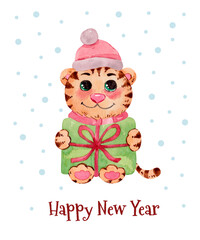 Watercolor tiger holding a gift box for New Year postcard. Symbol of the year. Cute cartoon tiger for winter holidays cards design  