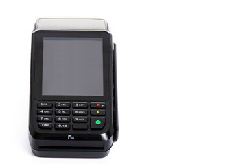 black payment terminal close-up for accepting money from plastic cards from customers on a white isolated background, copy space