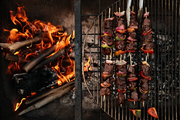 Skewered meat on a backyard BBQ