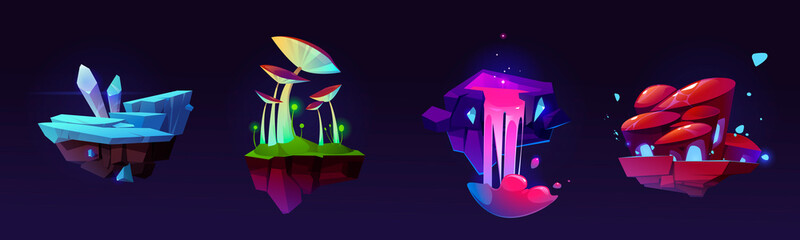 Floating islands ice crystal or rock, mushrooms, pink waterfall fantasy alien planet landscape locations, 2d game level design, ui flying platforms for jumping, graphic for arcade, Cartoon vector set © klyaksun