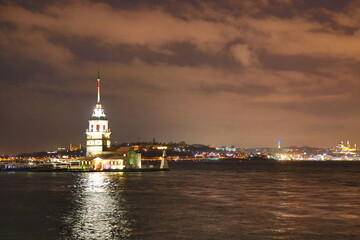 Fototapeta na wymiar Night view of Maiden Tower in Istanbul, Turkey